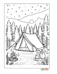 Camping Tent in a Forest with Fireflies and Campfire