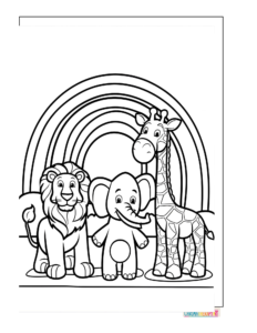 Cartoon animals under a rainbow coloring page with thick black outlines and white background