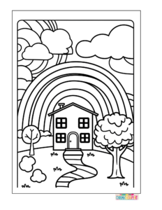 Cartoon animals under a rainbow coloring page with thick black outlines and white background