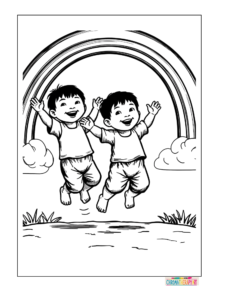 Happy Kids Jumping Under a Rainbow