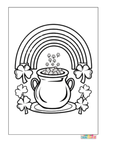 Pot of gold at the end of a rainbow coloring page with bold black outlines