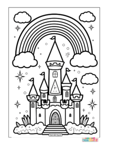 Rainbow above a magical castle coloring sheet in black and white with bold outlines