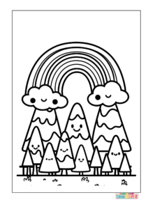 Rainbow above mountains and trees coloring sheet in black and white for kids