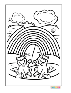 Rainbow bridge with animals underneath, black and white coloring page for children