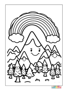 Rainbow with clouds and falling hearts coloring page, bold lines and easy to color
