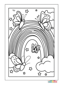 Rainbow with flying butterflies and birds coloring page for kids, black and white