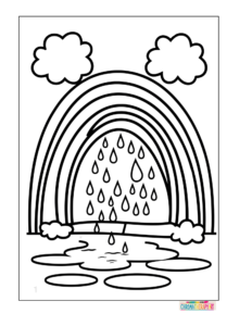 Rainbow with raindrops and puddles coloring sheet in black and white for preschool kids
