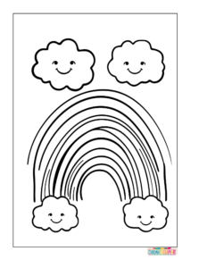 Rainbow with smiling clouds coloring page in black and white with bold outlines for kids (2)