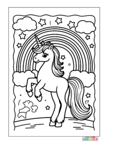Rainbow with smiling clouds coloring page in black and white with bold outlines for kids