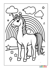 Simple rainbow over a house and tree coloring page in black and white for children