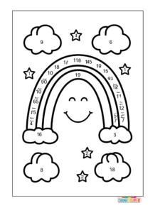 Smiling rainbow with numbered arches and stars, easy coloring page for kids in black and white