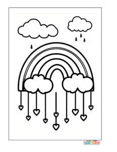 Unicorn under a rainbow with stars and clouds, black and white coloring page for kids