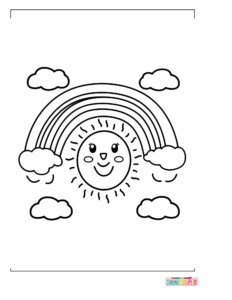 Cartoon animals under a rainbow coloring page with thick black outlines and white background